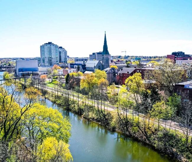 An aerial of Guelph, Ontario, Canada city center